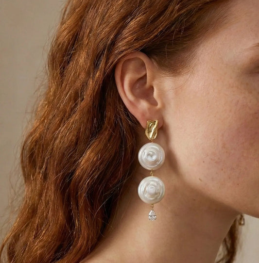 Statement Styling: Double Coin Pearl & Crystal Drops on Model
