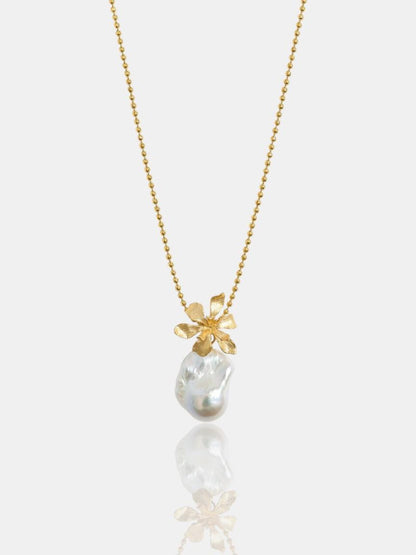 Sculpted Flower Baroque Pearl Pendant on Beaded Gold Chain Pearltide