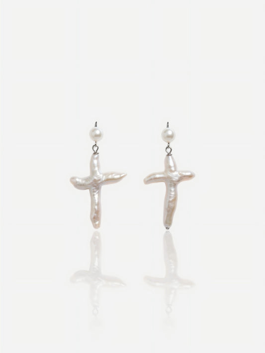 Natural Freshwater Baroque Pearl Cross Necklace & Earrings Set Pearltide