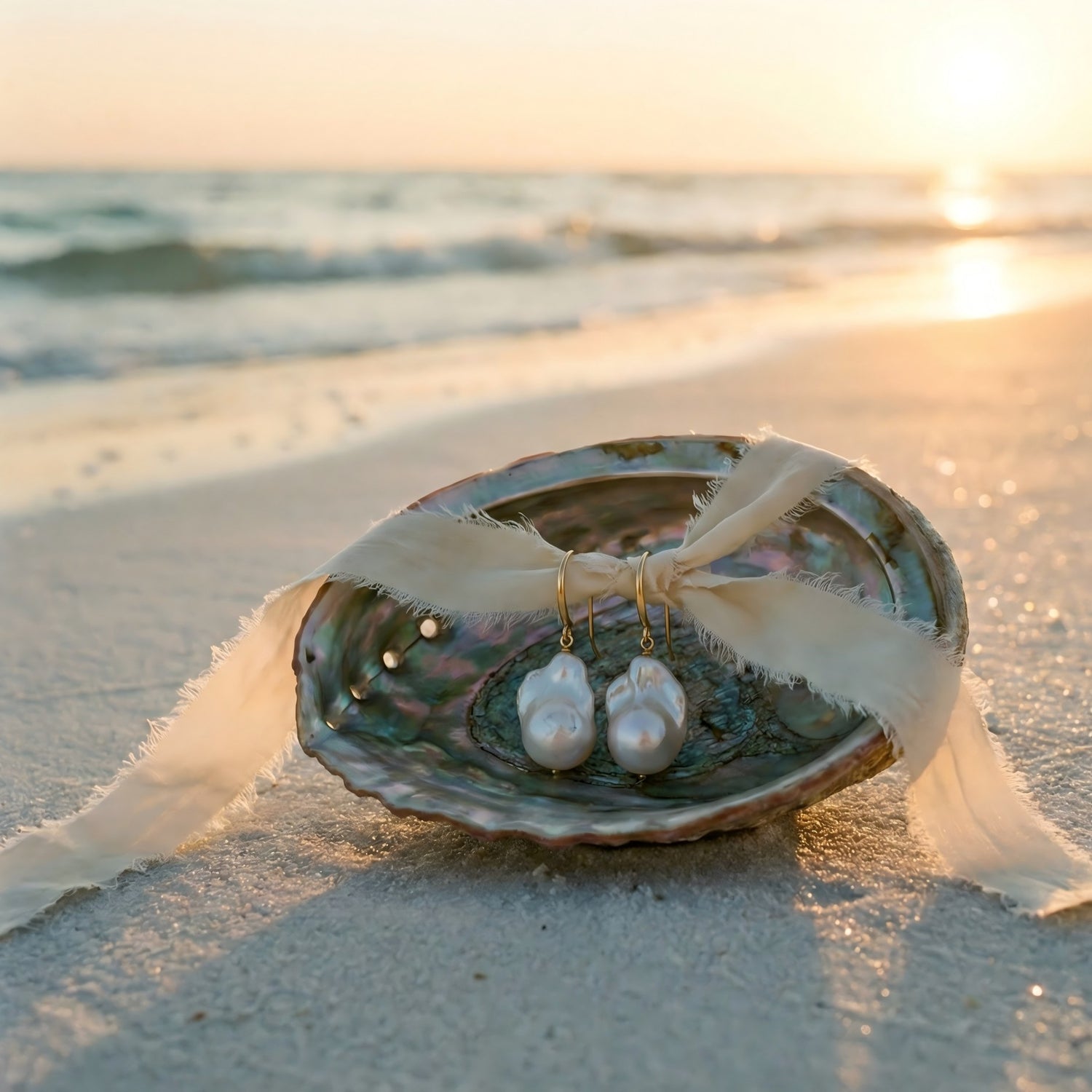 Baroque pearl earrings by Pearltide presented in a natural iridescent seashell gift box tied with a silk ribbon, resting on a sunset beach. A unique jewelry gift idea.