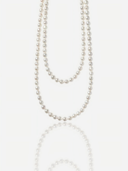 Close-up of Pearltide Eternal round pearl jewelry necklace with S925 sterling silver clasp on a white background, high-luster classic pearl jewelry for weddings.