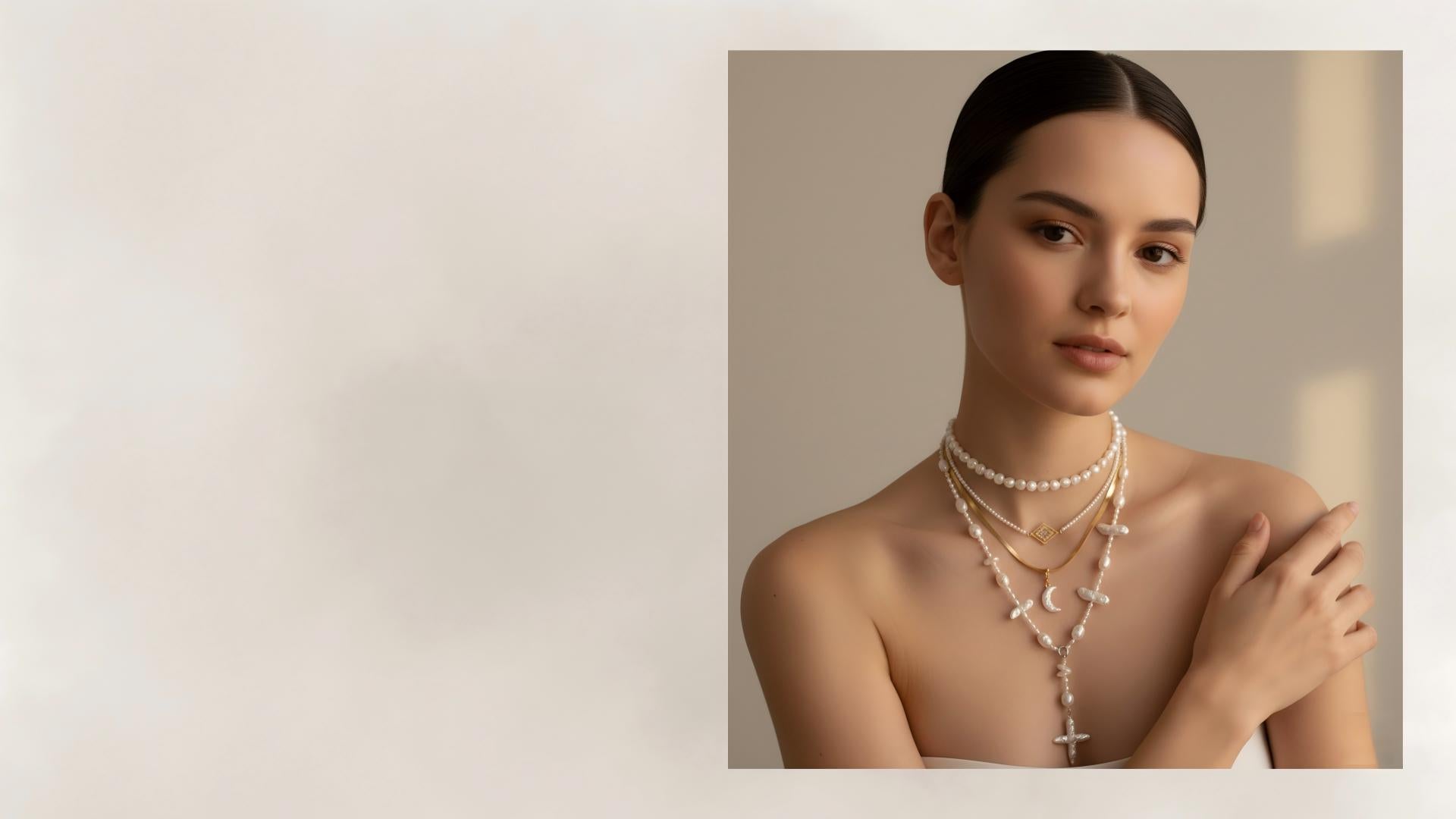 Woman wearing layered pearl necklaces with promotional text "Join Our Community and Enjoy 15% OFF Your First Order".