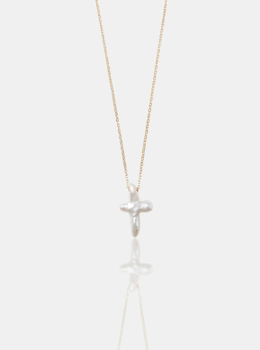 Natural Baroque Pearl Cross Necklace - Minimalist Gold Pendant Pearltide