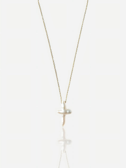 Natural Baroque Pearl Cross Necklace - Minimalist Gold Pendant Pearltide