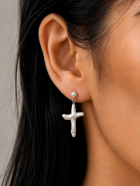 Natural Freshwater Baroque Pearl Cross Necklace & Earrings Set Pearltide