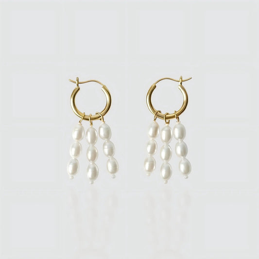 The Sea Spray Hoops: Gold Earrings with Rice Pearl Fringe