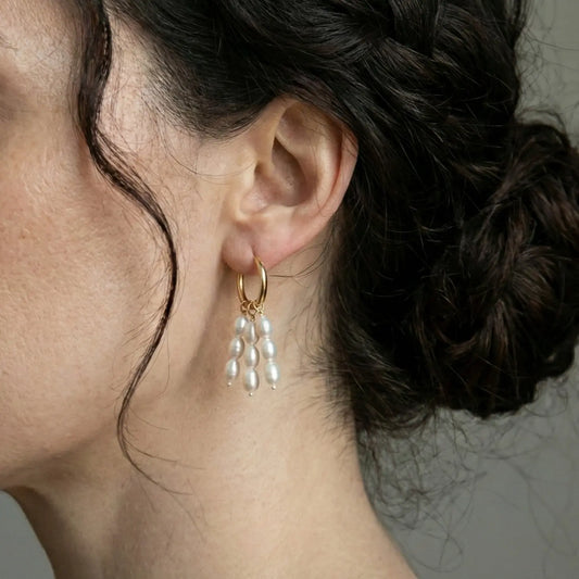 Movement & Style: Dainty Pearl Tassel Hoops on Model