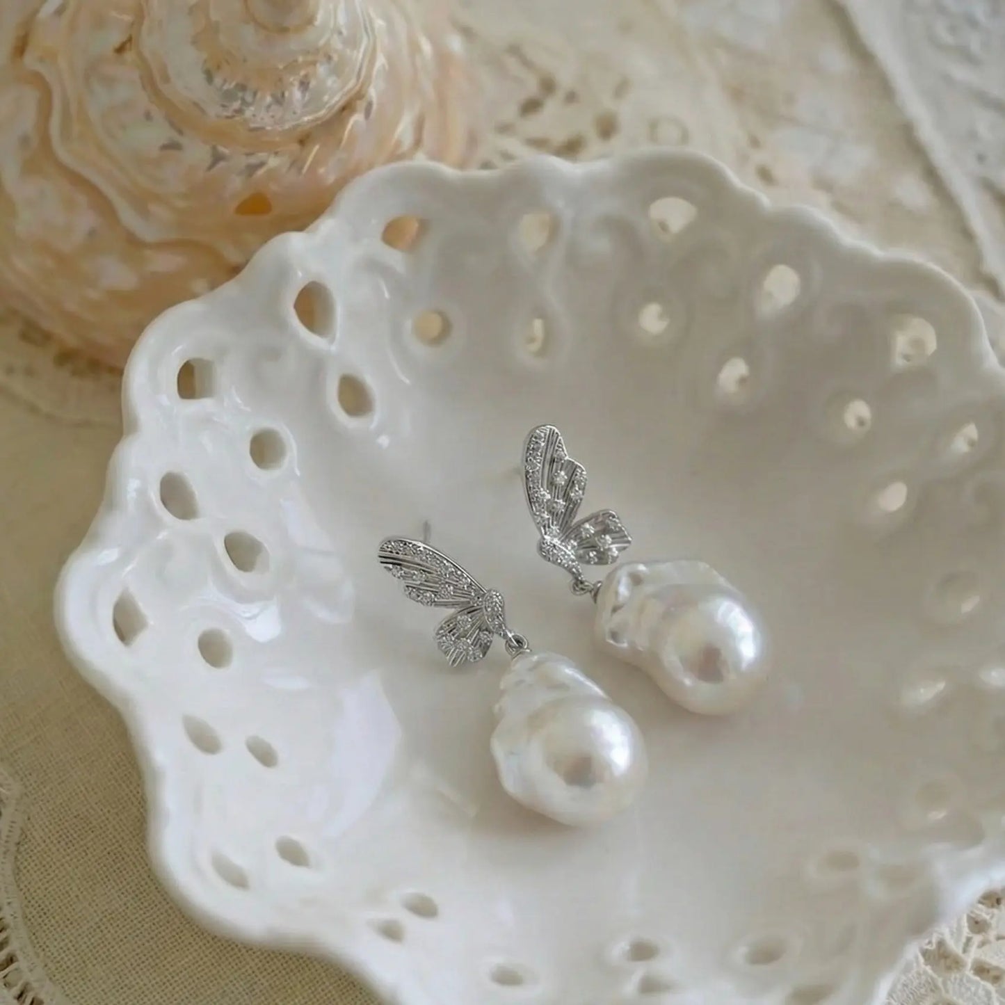 Pave Crystal Wings & Organic Pearl Luster