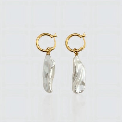 Organic Beauty: Gold Hoops with Elongated Keshi Pearl Drops