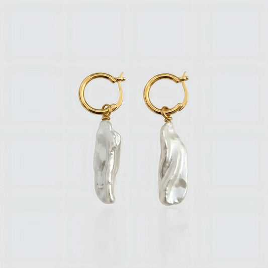 Organic Beauty: Gold Hoops with Elongated Keshi Pearl Drops