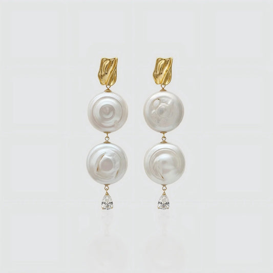 Vintage Glamour: The Roman Holiday Coin Baroque Pearl Earrings Front View