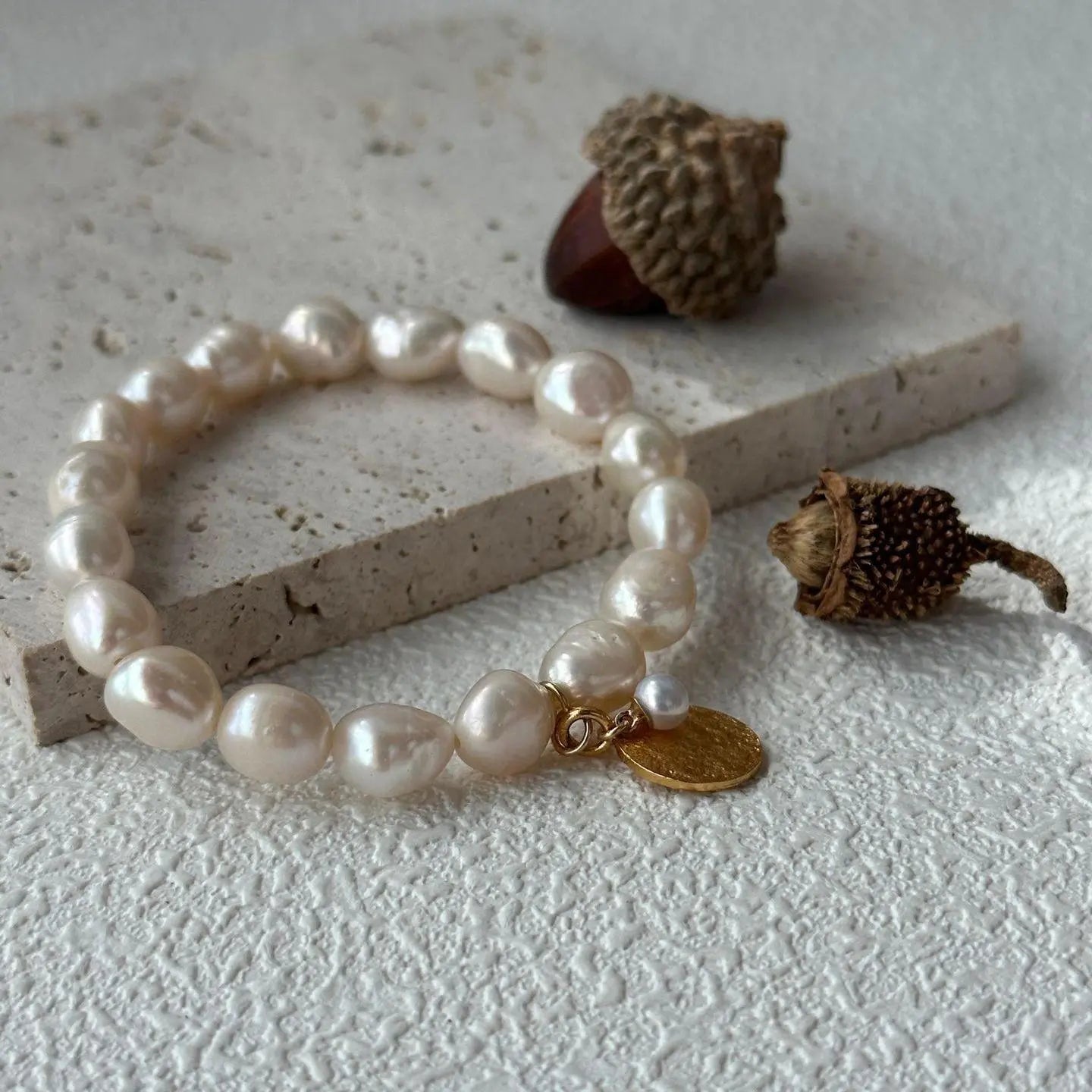 Hammered Detail: Gold Plated Medallion with Inset Pearl