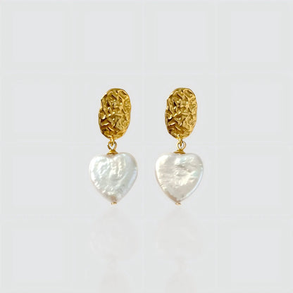 Romantic Design: Textured Gold Studs with Heart Pearl Drops