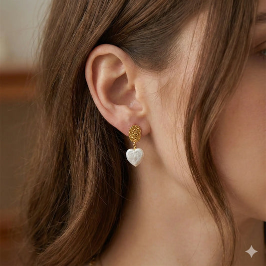 Sweet & Elegant: Heart Shaped Pearl Earrings on Model