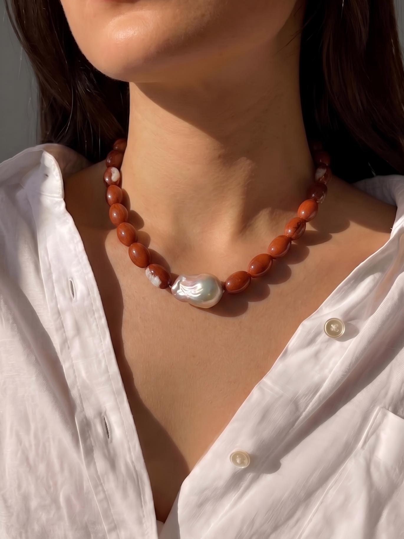 Terra Red Jasper Baroque Pearl Necklace Pearltide