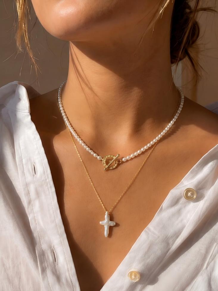 Natural Baroque Pearl Cross Necklace - Minimalist Gold Pendant Pearltide